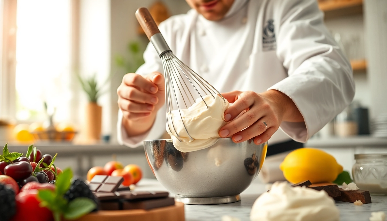 Mousseline cream being prepared by a chef, showcasing rich textures and vibrant ingredients.