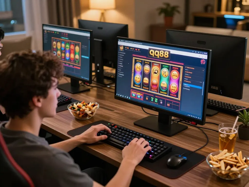 Player engaging with qq88 casino online slot game at home, vibrant visuals and cozy setup.