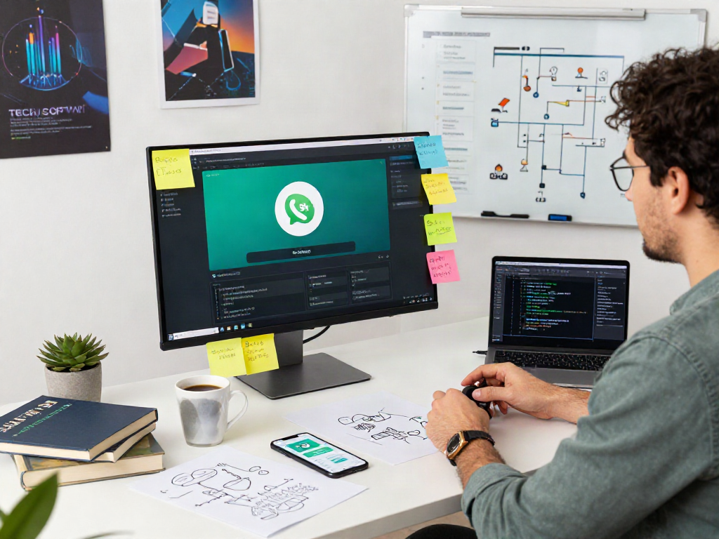 Developer showcasing gb whatsapp app in a vibrant workspace during brainstorming.
