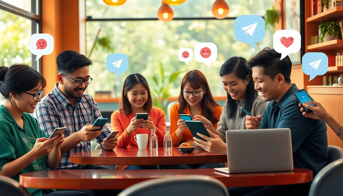 Dynamic scene illustrating users engaging with the Telegram中文 app in a lively café setting, showcasing communication and connectivity.