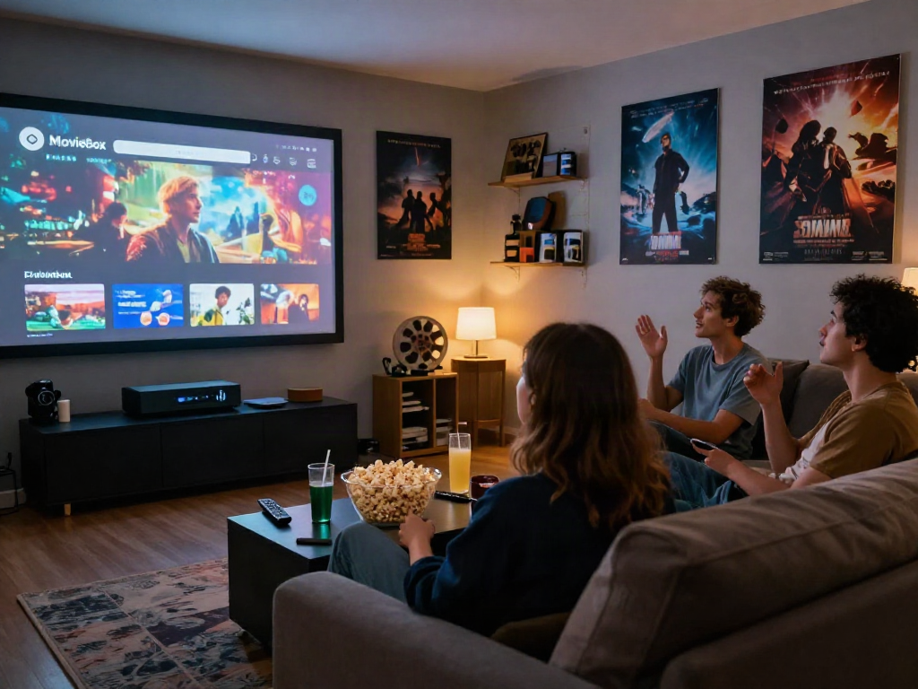Enjoying a cozy home theater scene with Moviebox, featuring friends, popcorn, and engaging films.