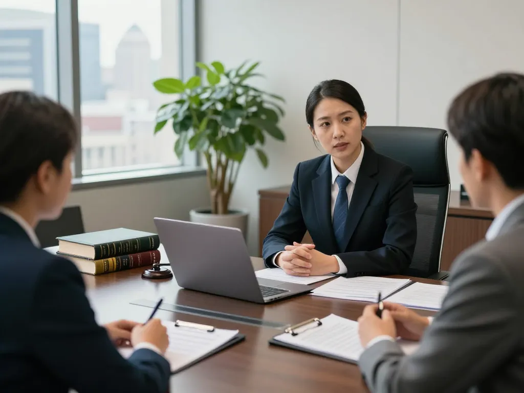 USA lawyers consulting clients in a modern law office with urban skyline view.