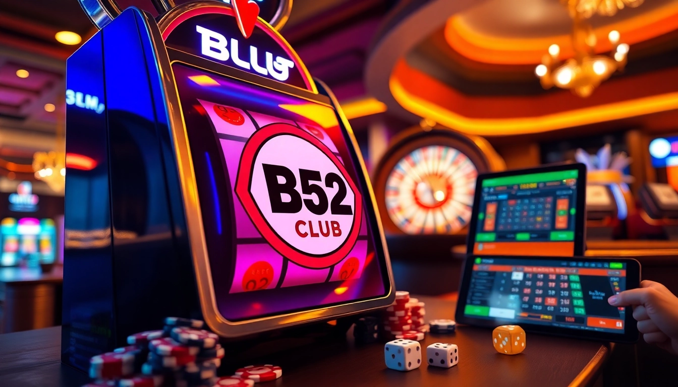 Experience the thrill of B52 CLUB with a vibrant online casino scene showcasing slot machines and poker chips.