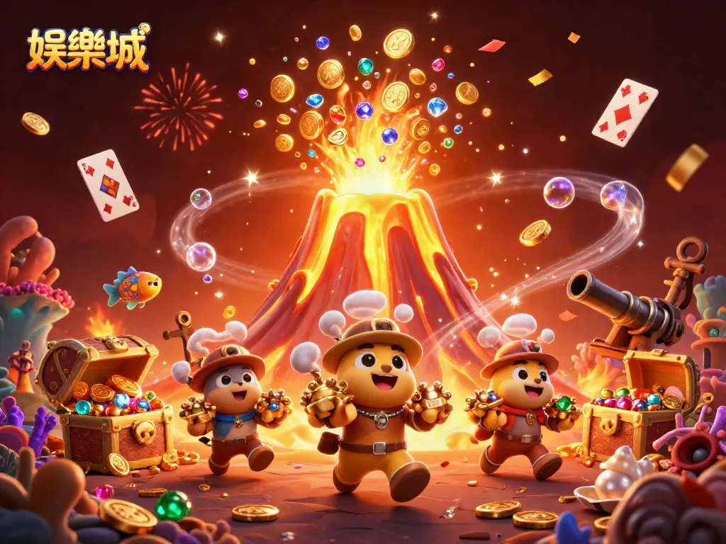 娛樂城中的黃金火山噴發出金幣和寶石，吸引小探險者，傳遞豐富的賭博樂趣。