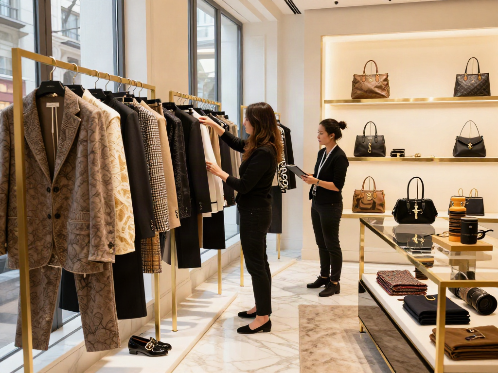 LUXURY111 dalam suasana butik mewah, pembeli sedang melihat koleksi fashion berdesain eksklusif.