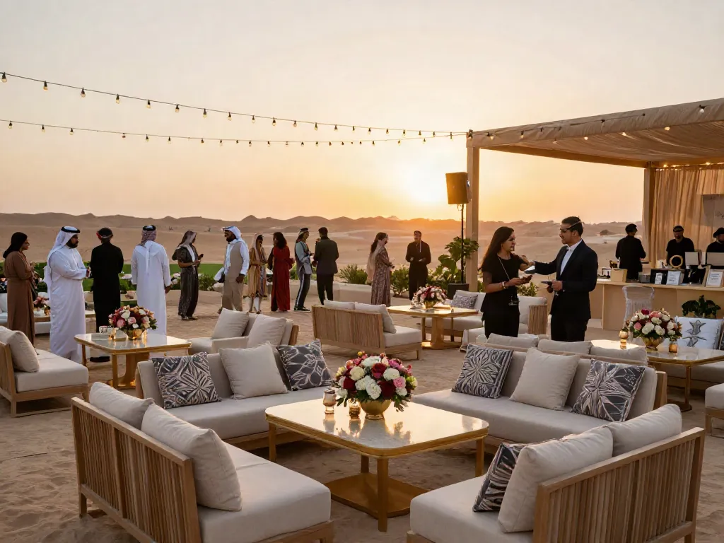 Premium outdoor event rental ksa setup with stylish seating and elegant decor against a sunset backdrop.