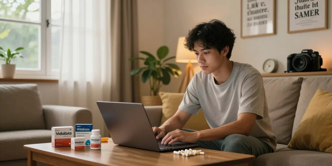 Young man shopping for Vidalista online in a cozy home setting, surrounded by wellness products.