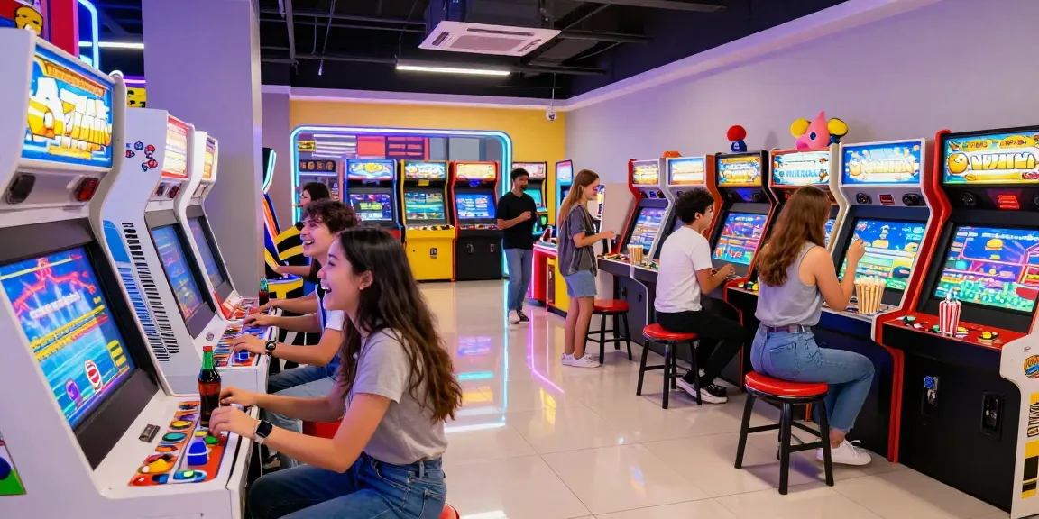 Group of friends enjoying arcade games at The Lazer Factory in a vibrant entertainment center