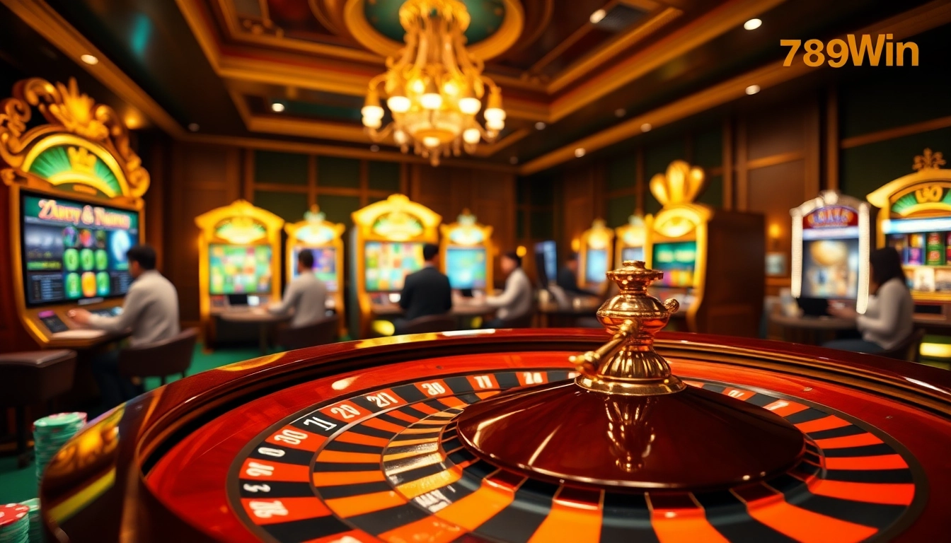 Engaging scene of online gambling action at trang chủ 789Win with roulette and poker chips.
