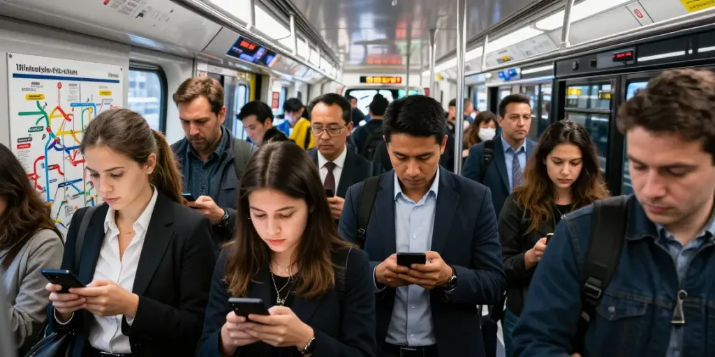Commuters checking smartphones for public strikes updates during a busy morning.