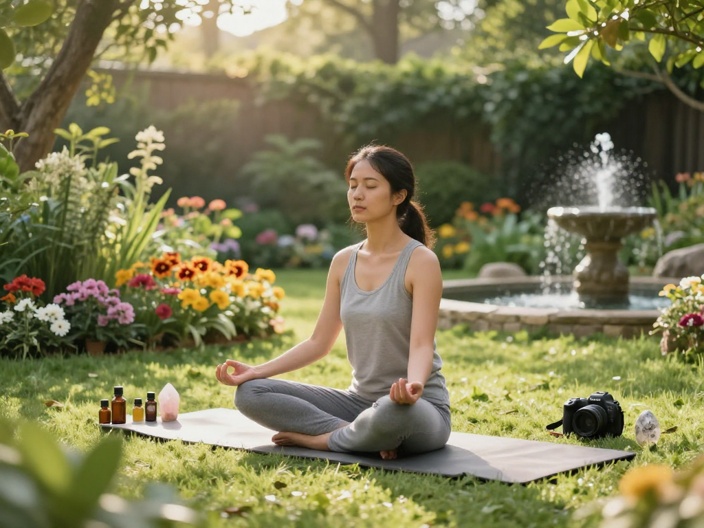 Person meditating in tranquil garden, promoting mantra88 for holistic wellness.