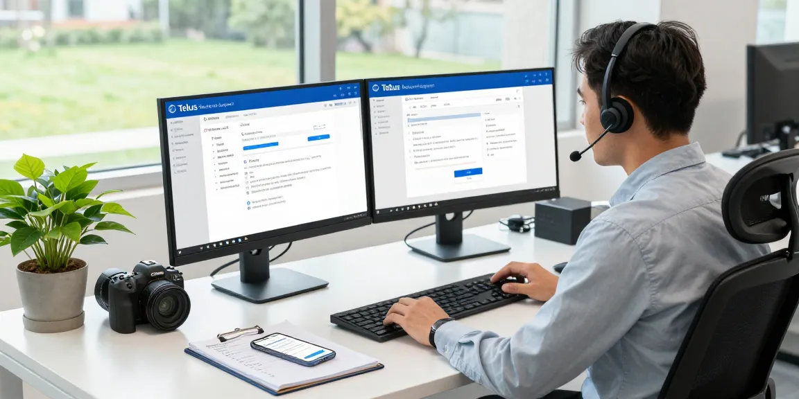 Customer service representative providing Telus-Technical-Support assistance in a modern office environment.