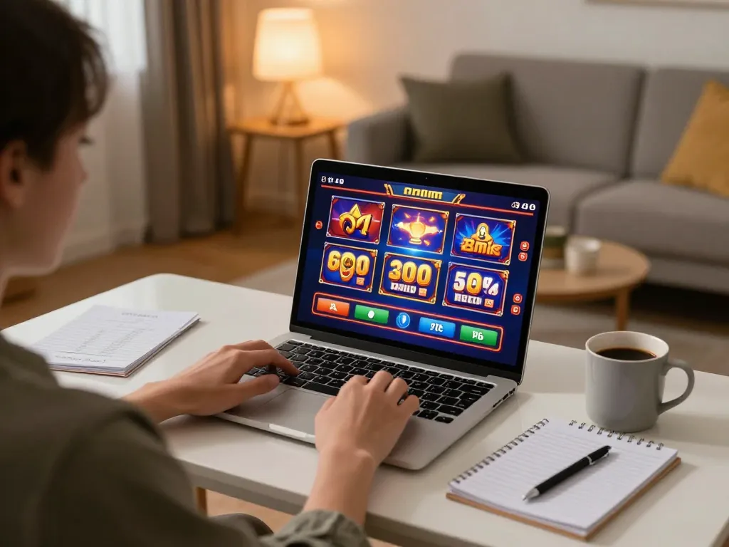 Pengguna Tupaiwin menikmati slot online di laptop dengan grafik yang cerah di ruang tamu yang nyaman