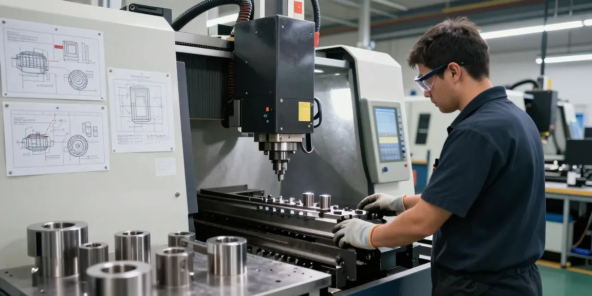 CNC machining parts manufacturer in action with skilled technician operating machines and precision tools.