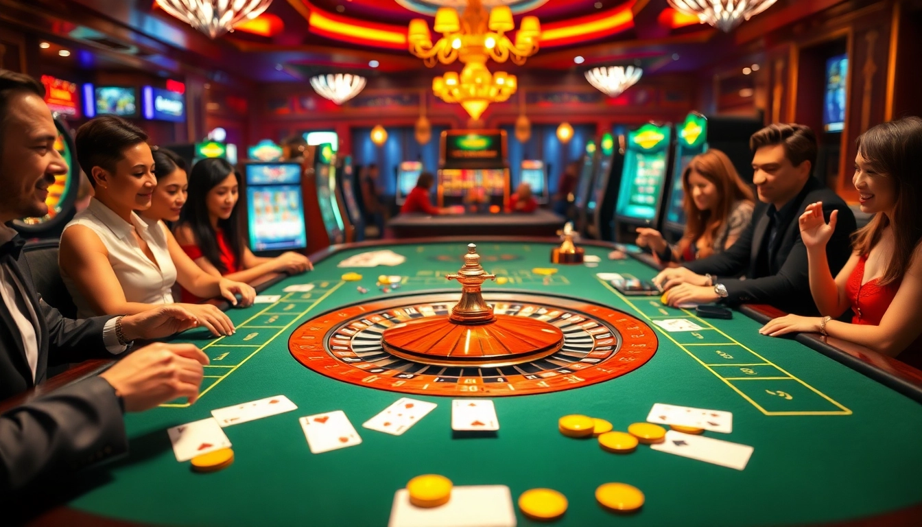 Engage in excitement with tải NOHU90 at a vibrant casino table featuring roulette and cards.