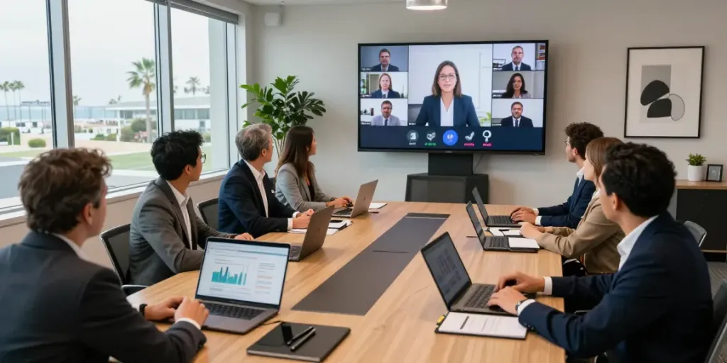 Engaging conference video production Long Beach, California scene with diverse team collaborating during a modern meeting.