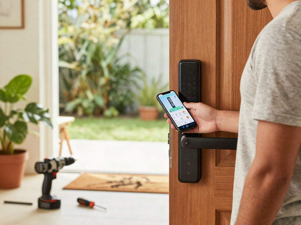 خرید قفل هوشمند for home security with smart lock installation scene showcasing technology in everyday life.