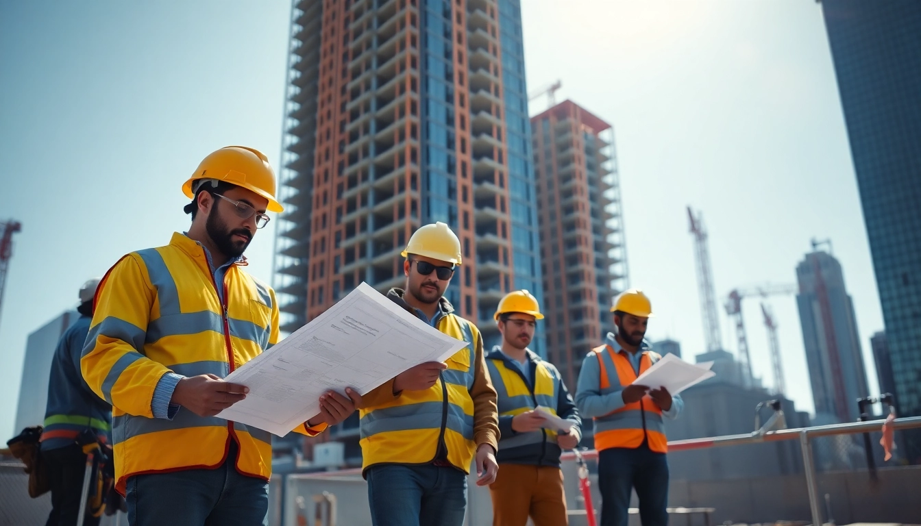 A diverse team of workers contributing to a New York City Commercial General Contractor project at a bustling construction site.