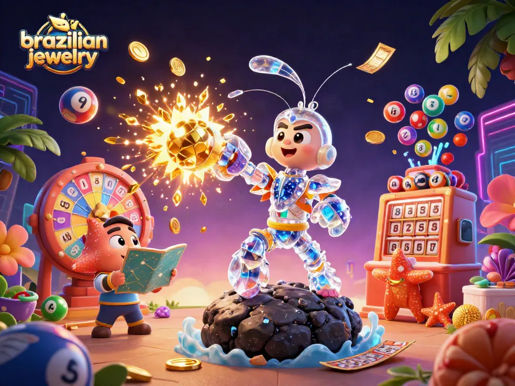 Bounce into Brazilian jewelry excitement with a dynamic lottery scene bursting with colorful elements.
