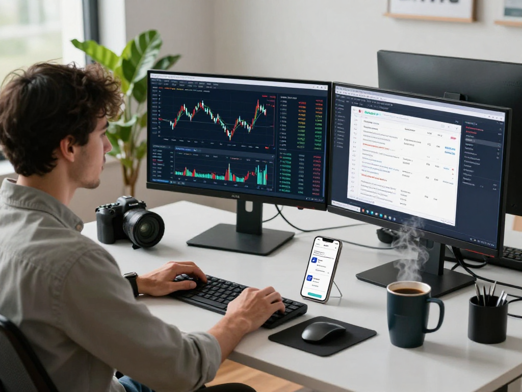 Dynamic workspace showcasing real-time market quote API development with multiple monitors and financial data analysis.