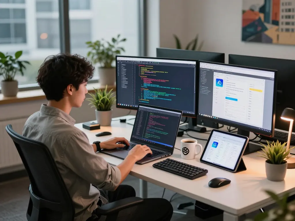 Developer immersed in coding with multiple monitors in a modern workspace showcasing the capabilities of the molt bot AI.