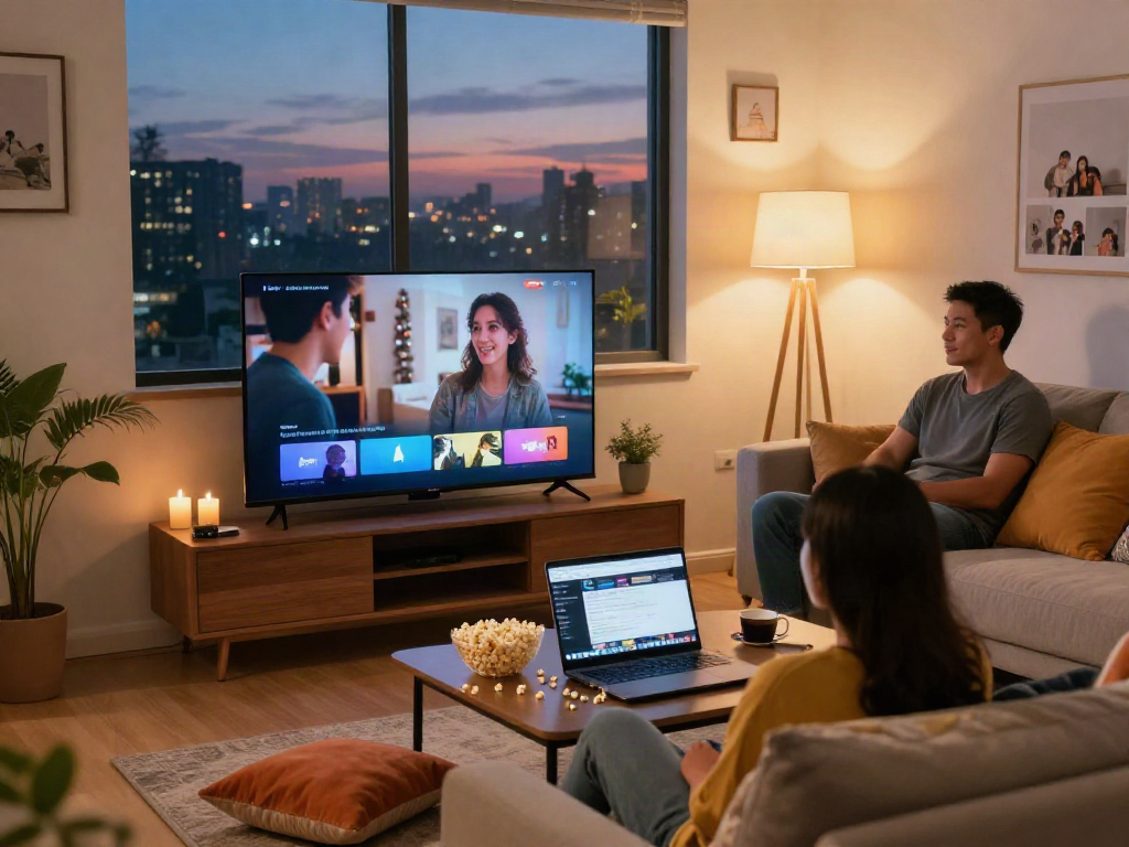 Friends enjoying a cozy movie night streaming jav sub indo with warm lighting and a comfortable setting.