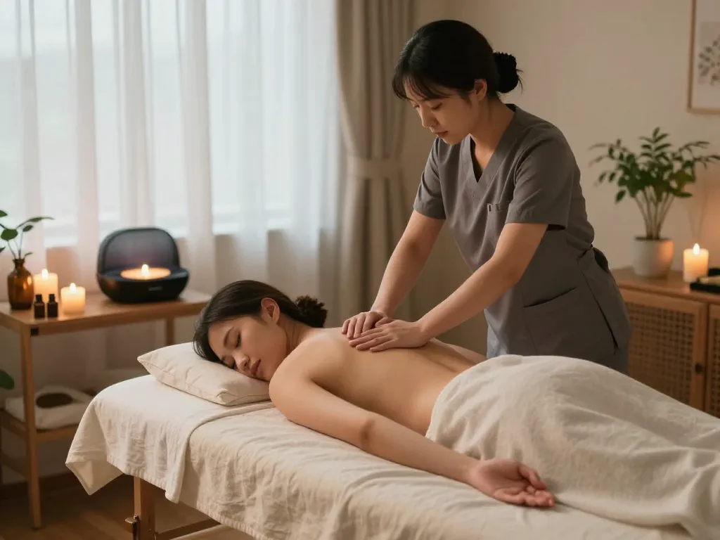 Professional 출장안마 session in a calming home setting with soothing light