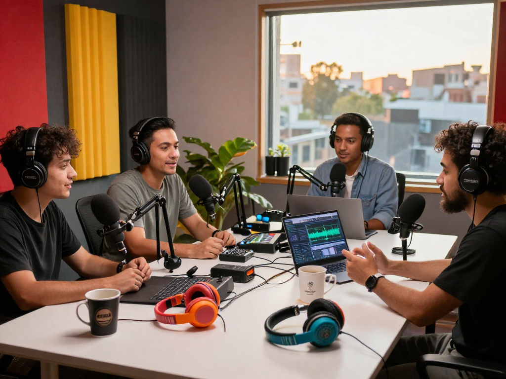 Exciting podcasting studio scene featuring discussion on rokok88 with dynamic atmosphere.