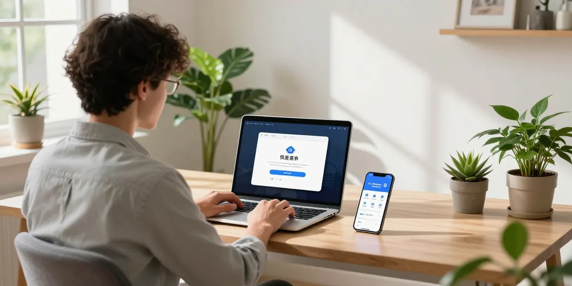 快连 app download process in a cozy home office setup with user engaging on a laptop.