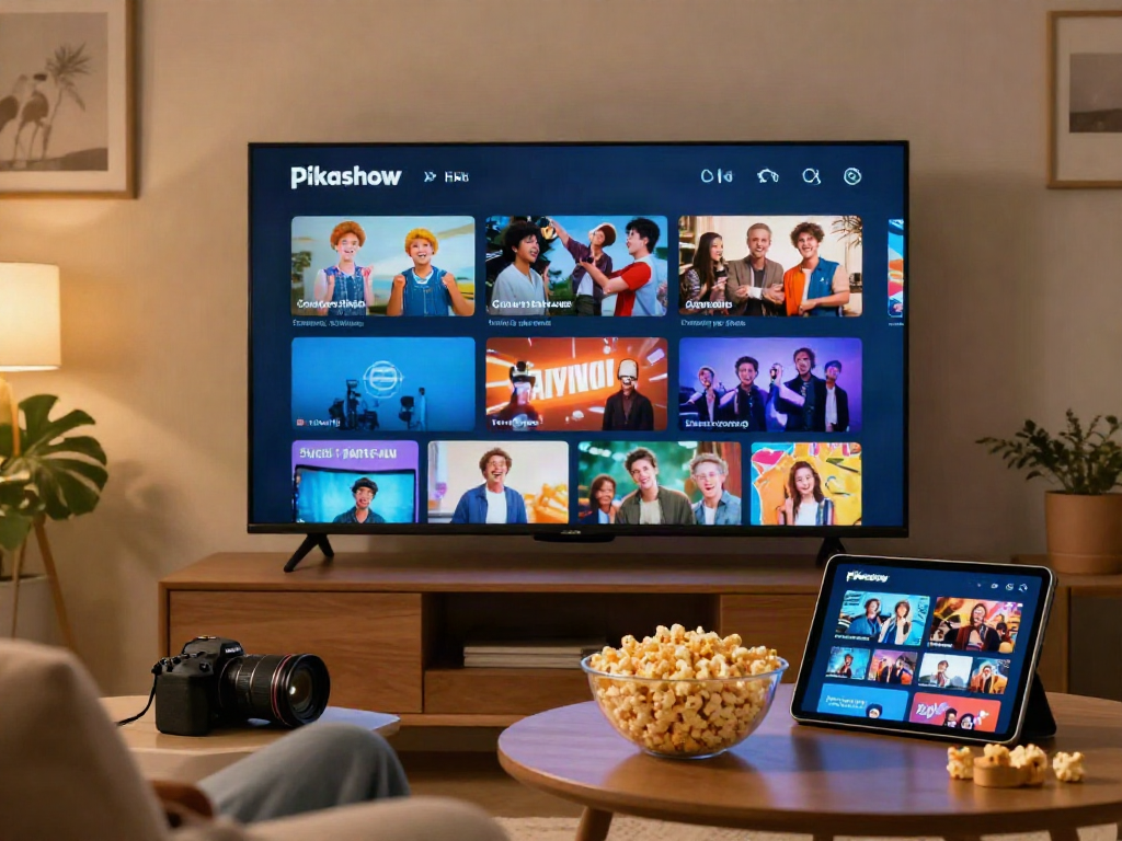 Pikashow streaming displayed on a smart TV in a cozy living room with popcorn and tablet.