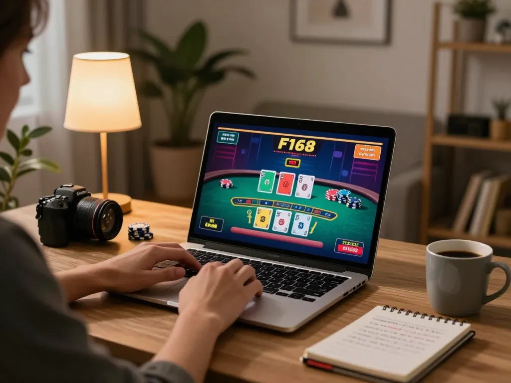 Player enjoying live blackjack on F168, showcasing strategic gameplay in a cozy home setup.