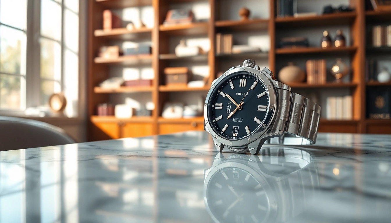 Admire this replica watch with a stainless steel band and black dial elegantly displayed on marble.