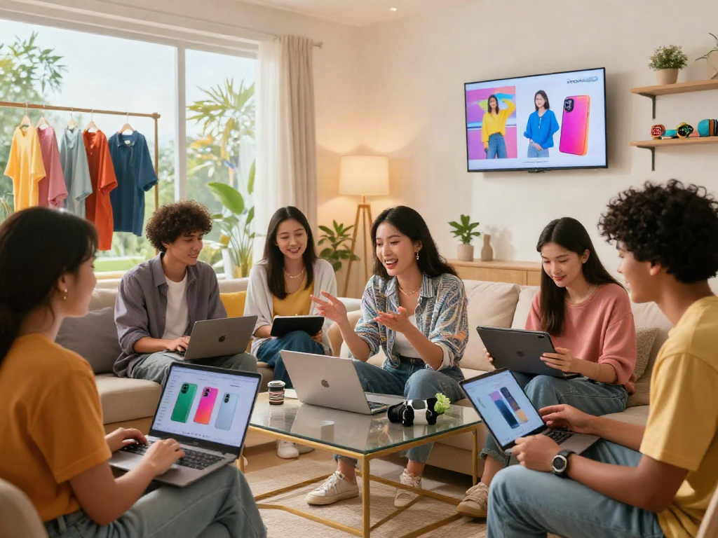 Friends exploring rokok88 merchandise in a stylish living room, showcasing a vibrant online shopping experience.