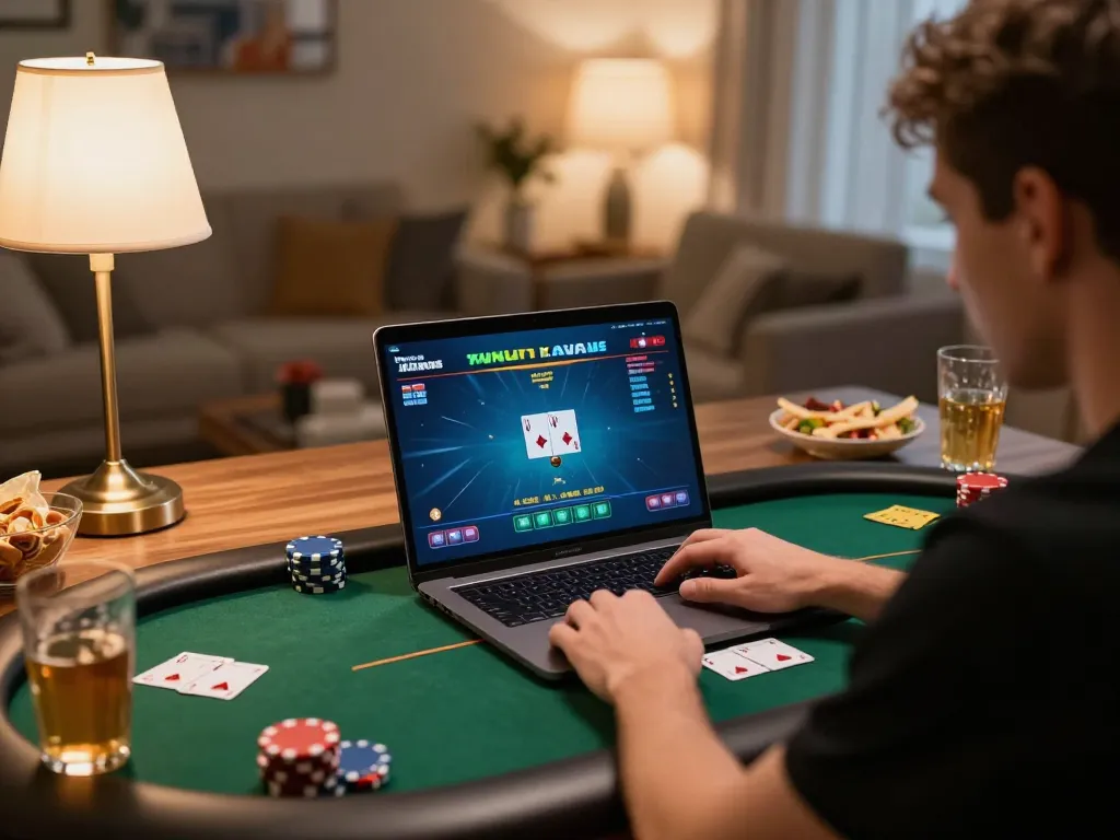 SUNWIN online gamer engaging with poker on a laptop in a cozy home environment