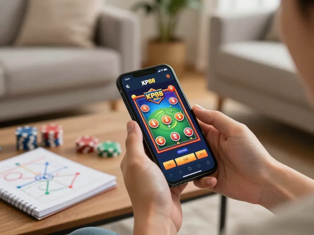 Playing games on KP88 apk with vibrant visuals in a cozy home setting, emphasizing fun and strategy.