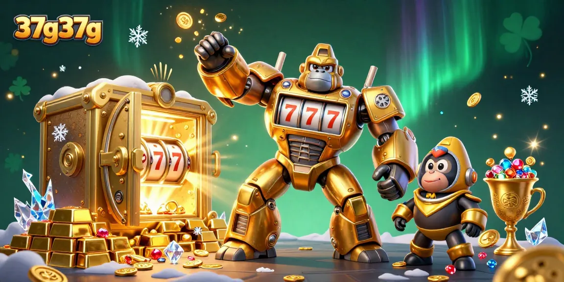 Jogando no cassino 37g37g: ilustração 3D de um gorila mecânico dourado em meio a tesouros.
