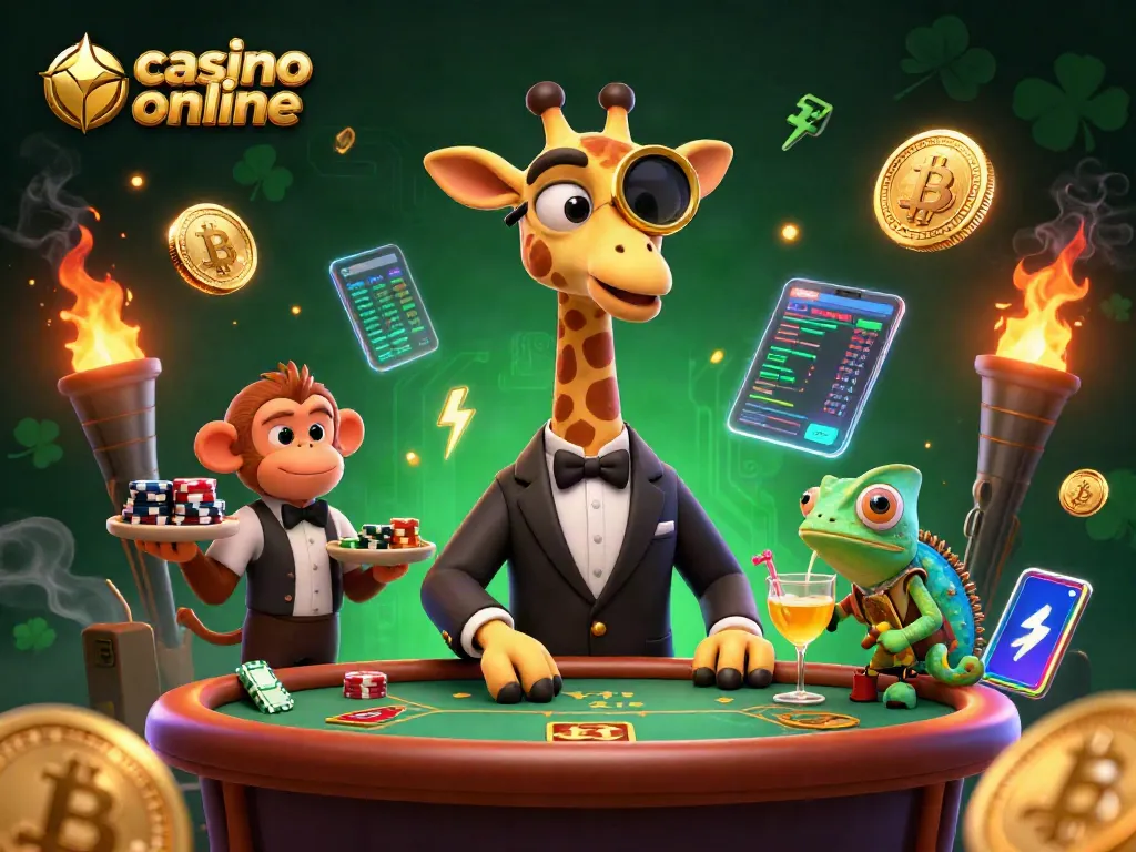 Jirafa jugando al póker en un casino online con monedas Bitcoin y Ethereum brillantes.