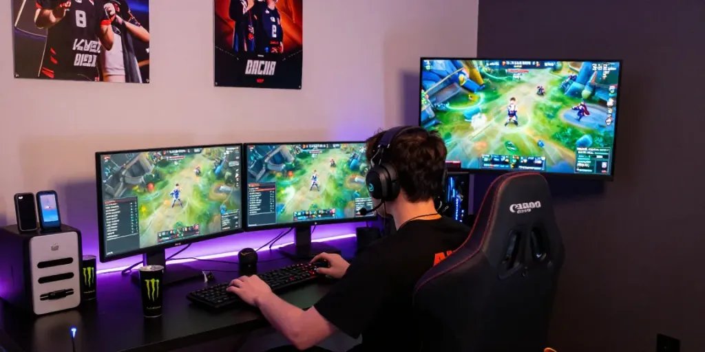 Pemain menggunakan GLOWING88 untuk livestreaming pertandingan olahraga dengan setup modern.