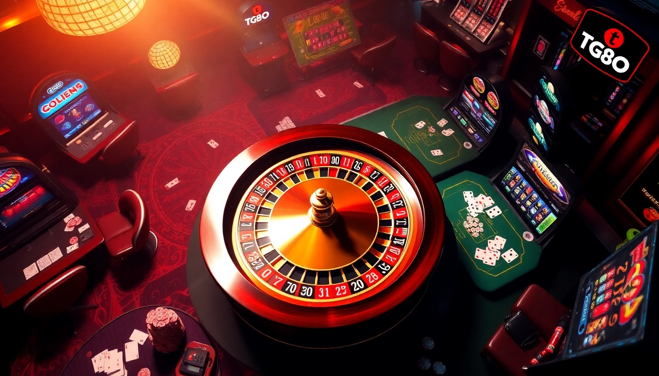 Experience the excitement of TG88 casino gaming with roulette and poker tables in a luxurious setting.