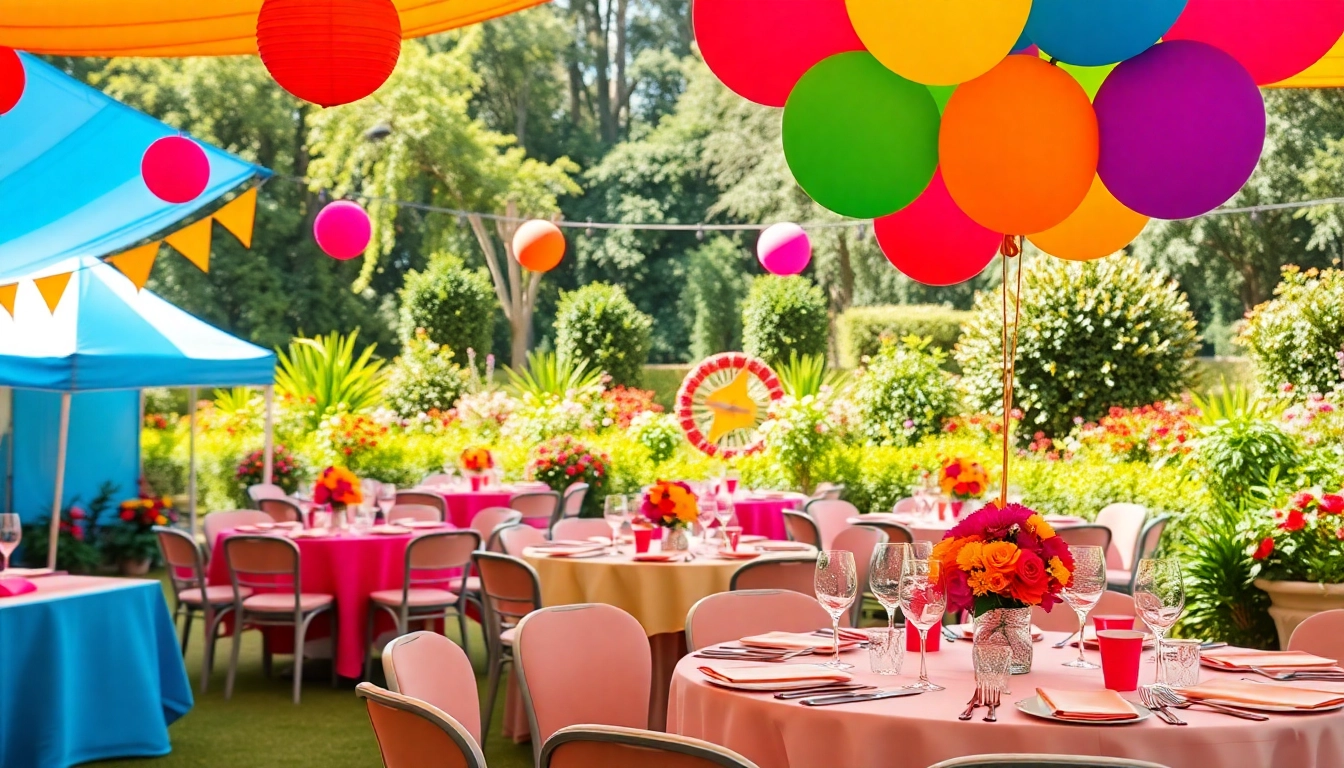 Explore Party Rentals Near Me with a vibrant outdoor setup featuring colorful tents and party decor.