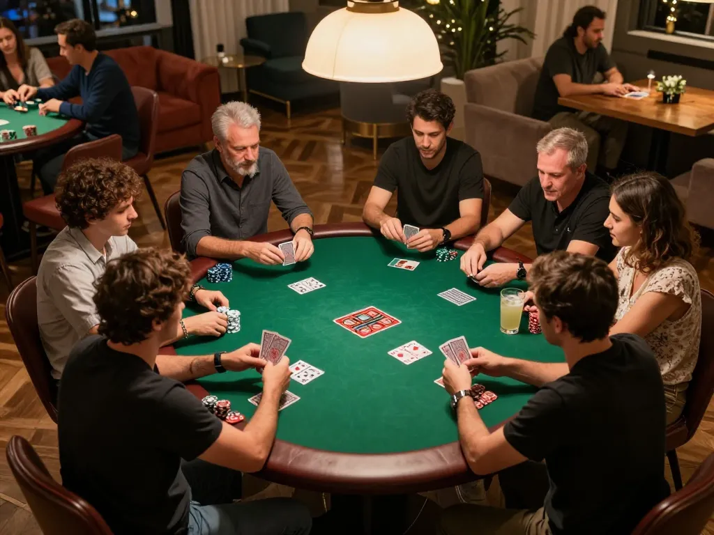Players engage in an exciting poker game at jogoluck, showcasing strategy and social interaction in a warm setting.