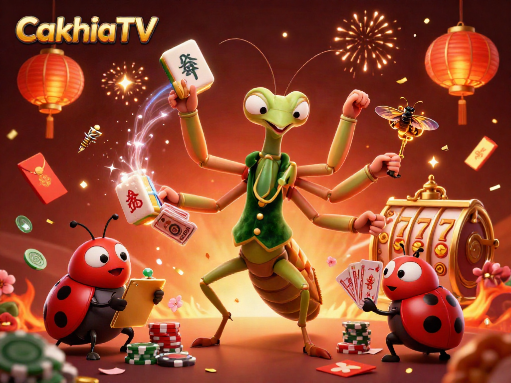 CakhiaTV showcases a vibrant casino scene with a giant praying mantis and ladybug characters amid exciting gaming elements.