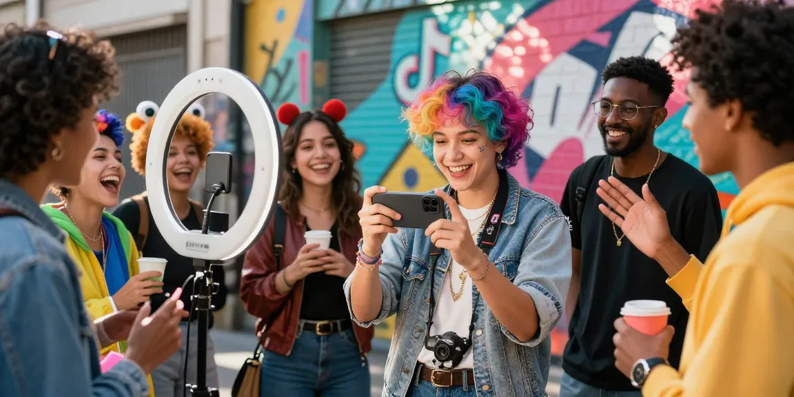 TikTok growth strategy in action, influencer filming engaging content in a vibrant urban setting.
