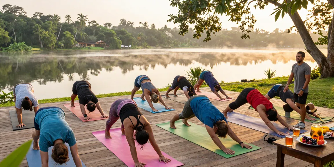 Engaging yoga teacher training in Sri Lanka with diverse practitioners at sunrise.