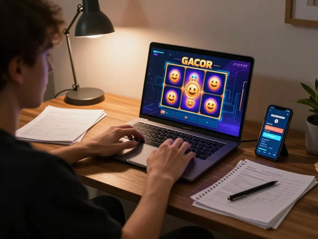 Engaging with vibrant slot gacor gameplay on a laptop, showcasing strategic online gaming