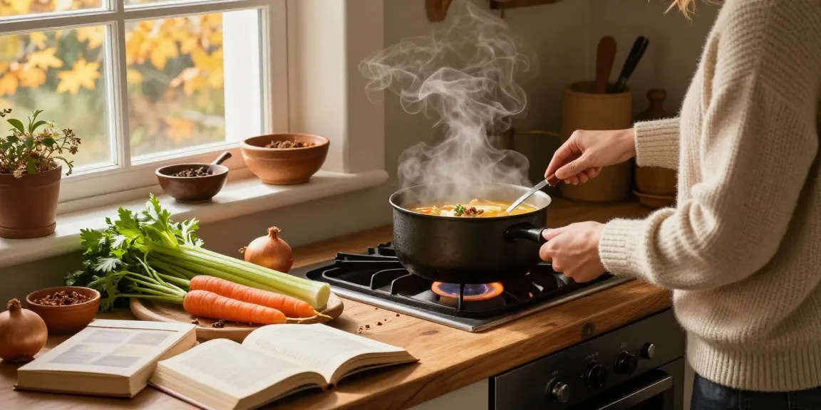 Warmes, gemütliches Küchenumfeld, in dem Klare Suppe mit frischem Gemüse und Kräutern zubereitet wird.