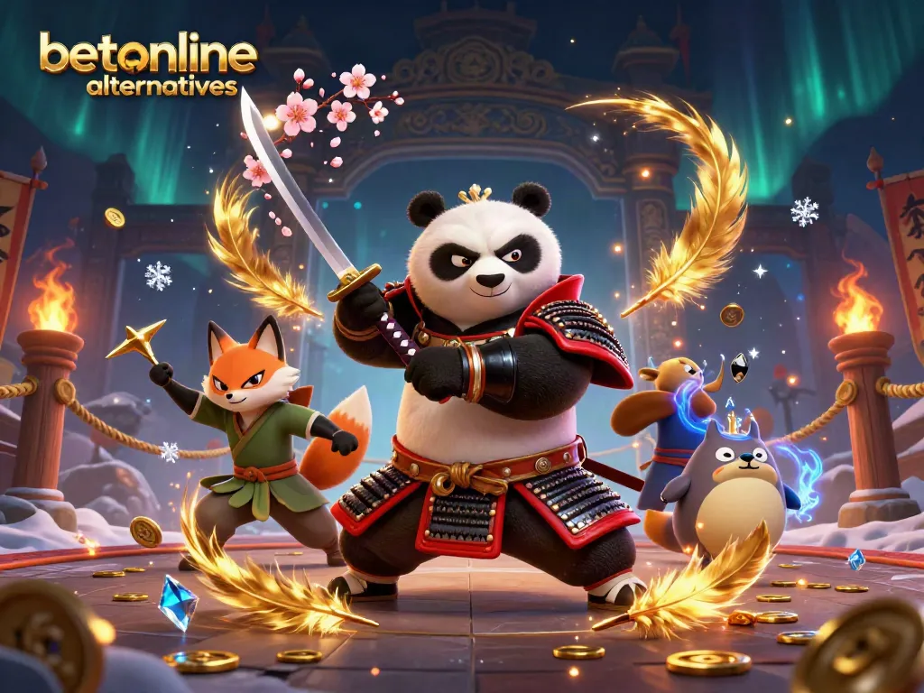 Experience betonline alternatives with an action-packed scene featuring samurai panda and ninja fox.