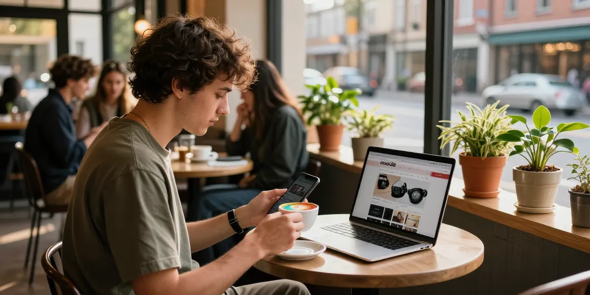 Young adult enjoying coffee while browsing on rokok88 at a trendy cafe.