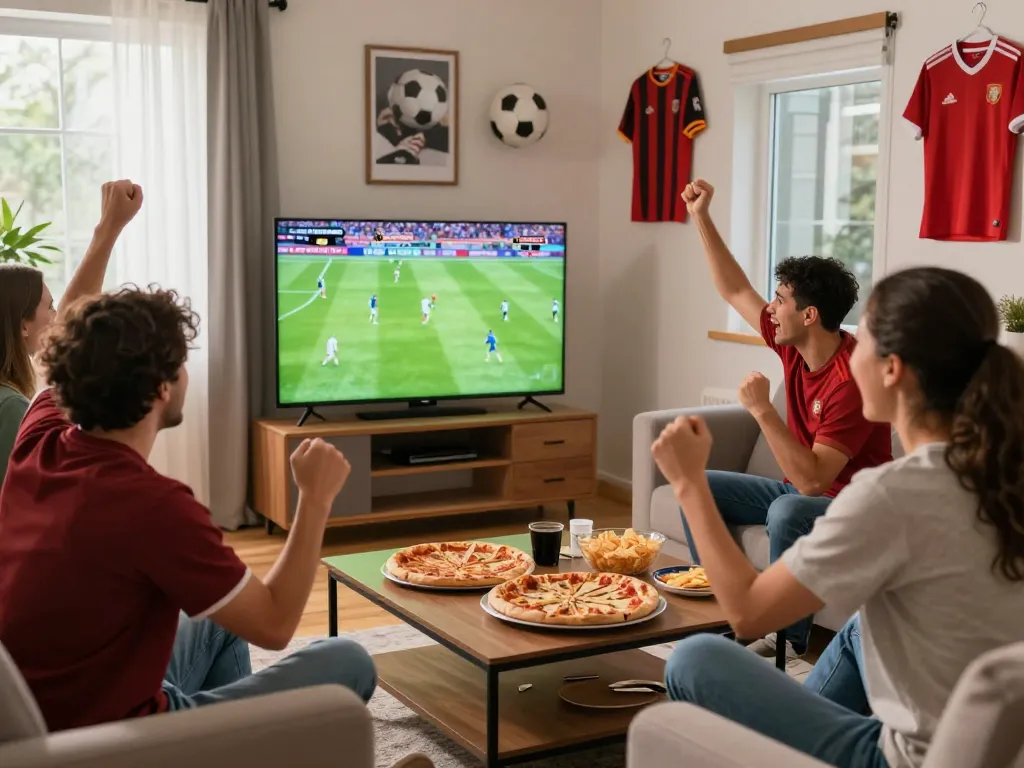 Cakhiatv live sports viewing with friends in a vibrant living room during a football match.