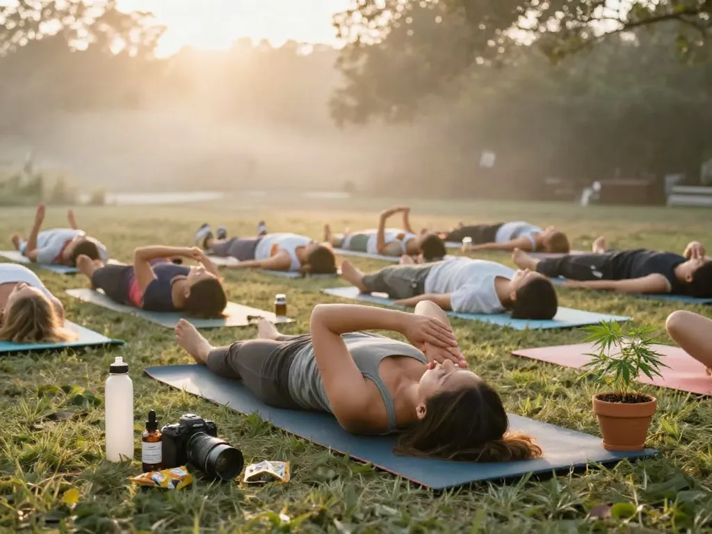 Outdoor yoga class scene with CBD oil, evoking wellness and tranquility, from a trusted online dispensary that ships to all states.